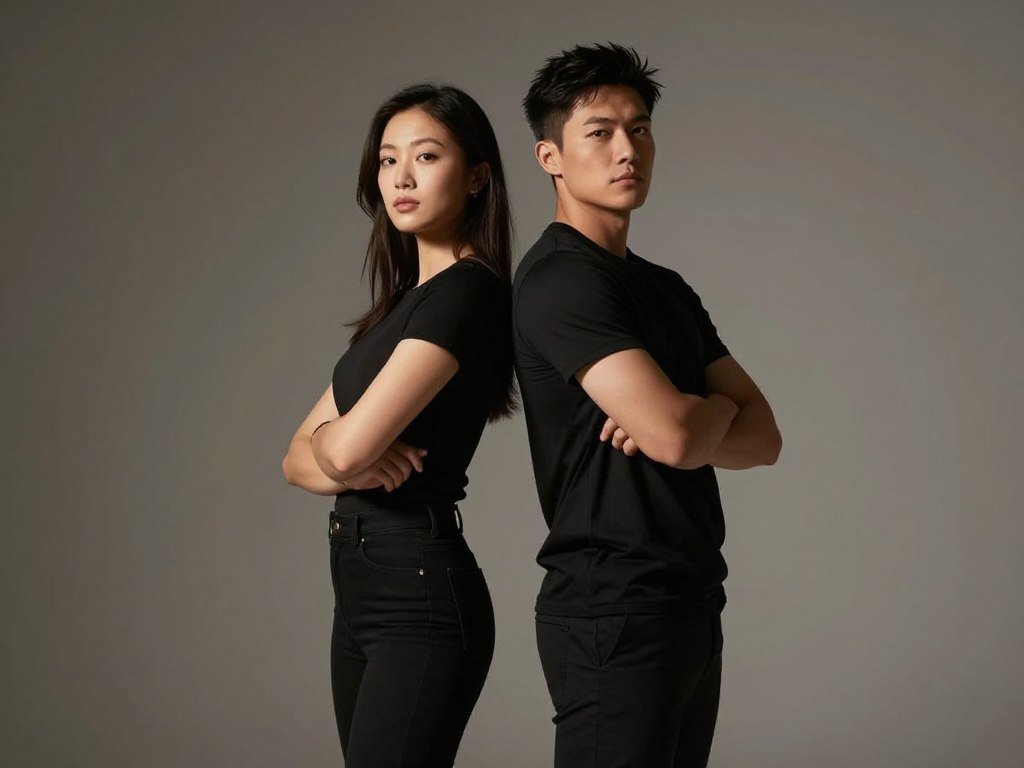 couple standing back to back with arms crossed confidently couple standing back to back with arms crossed confidently