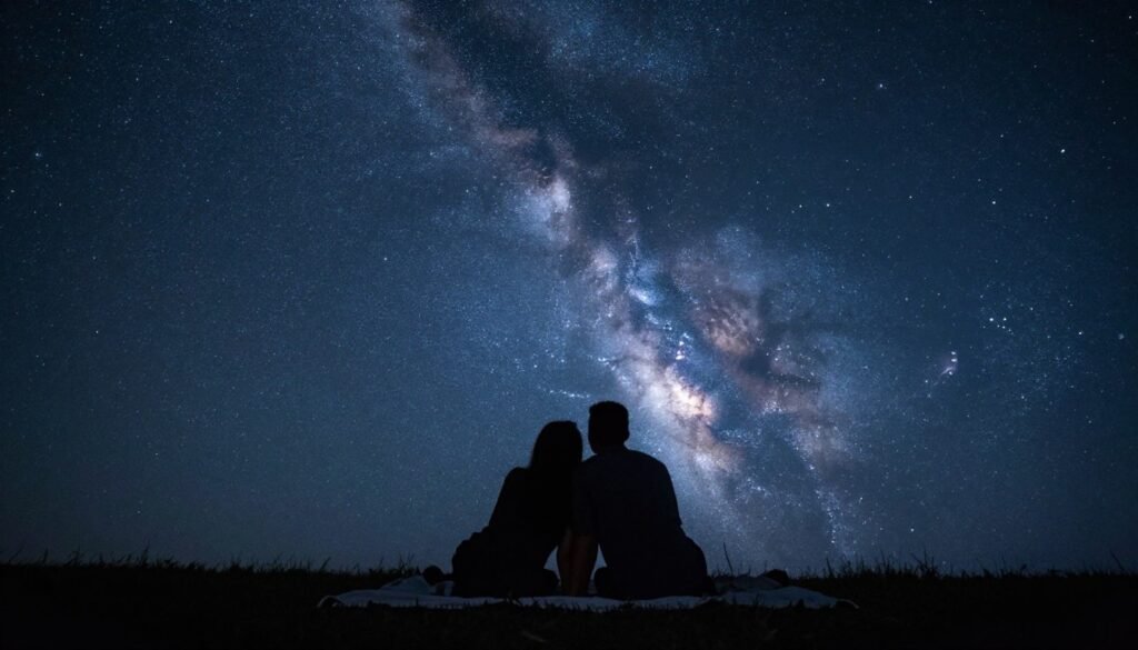couple stargazing on blanket at night with stars visible