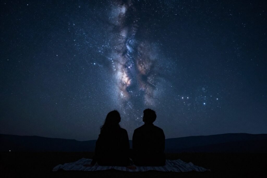 couple stargazing on blanket under night sky