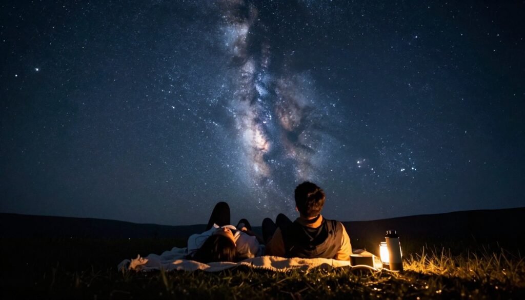 couple stargazing under night sky with blanket