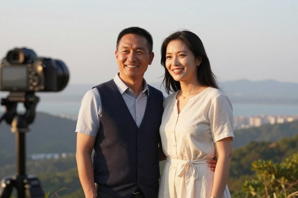 couple taking anniversary photo together in beautiful setting
