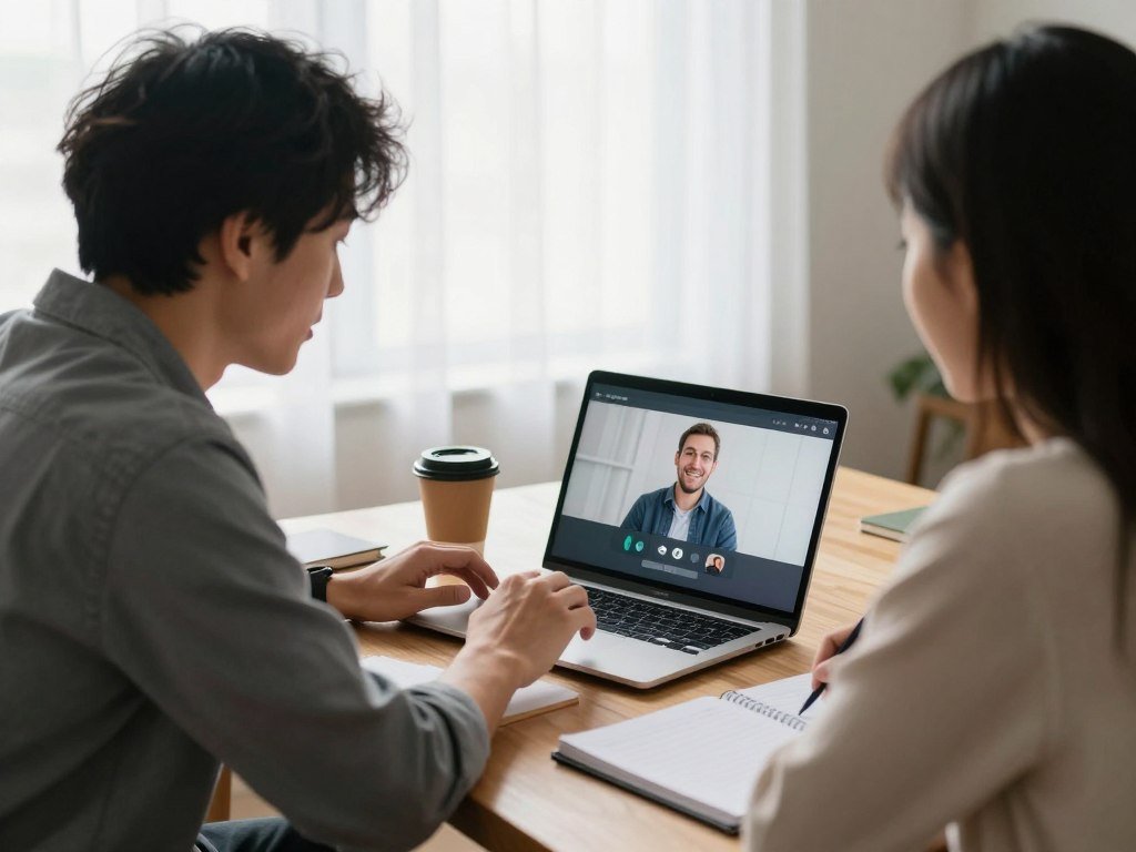 couple taking online class together on laptop couple taking online class together on laptop
