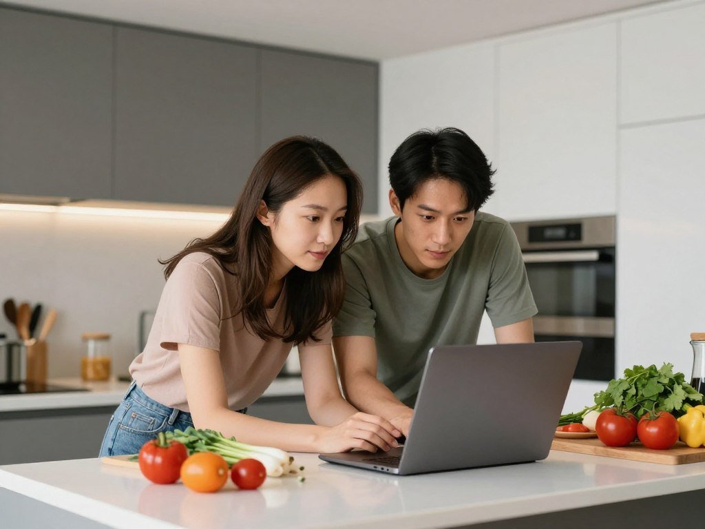 couple taking online cooking class together at home