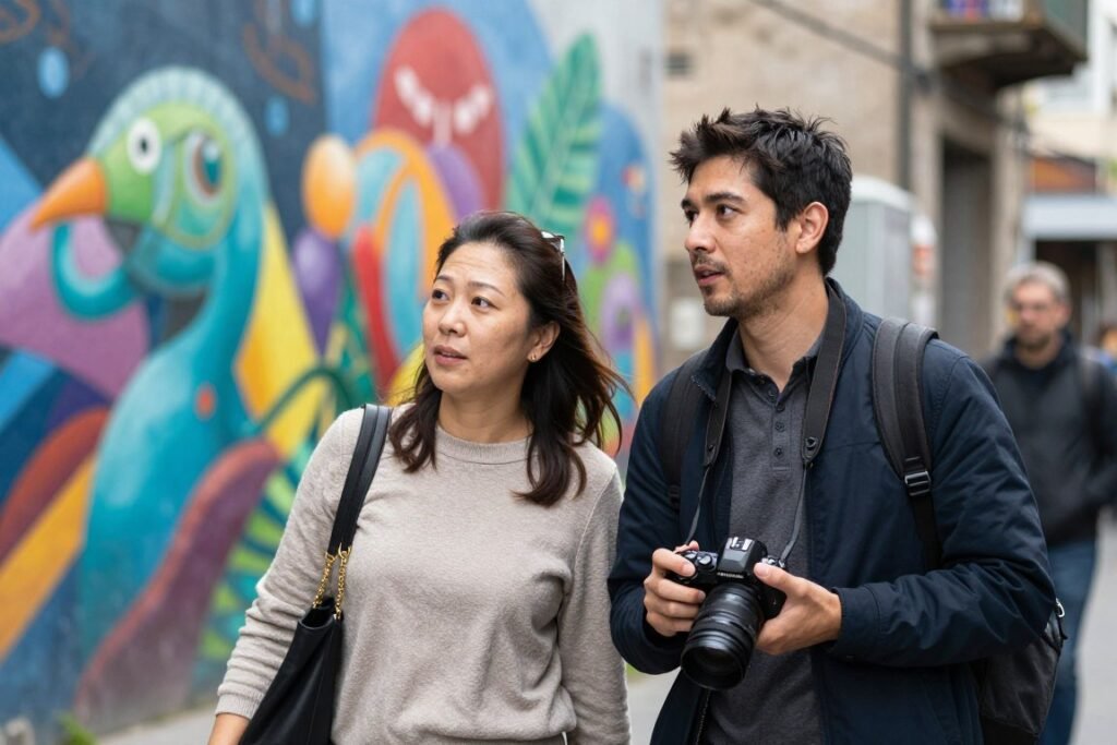 couple taking photos together in urban setting couple taking photos together in urban setting