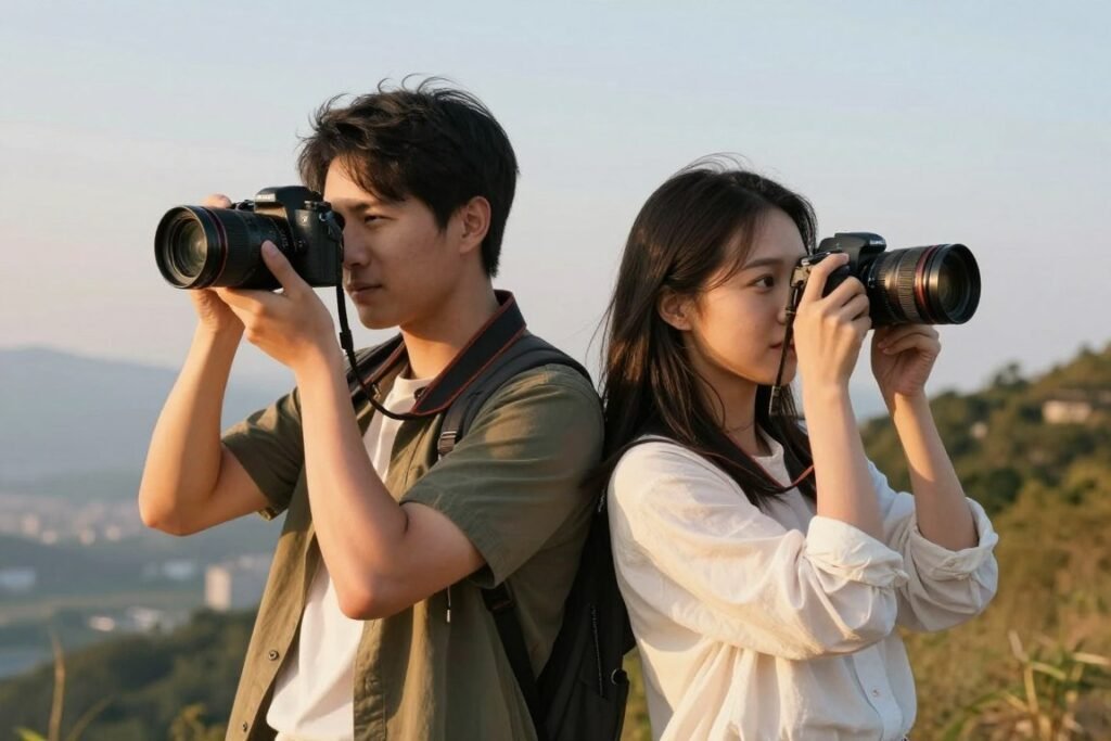 couple taking photos together on photography date