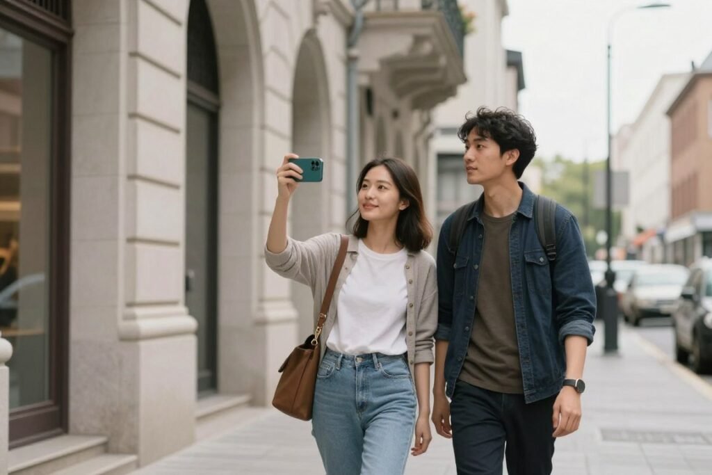 couple taking urban walking tour exploring city streets for anniversary