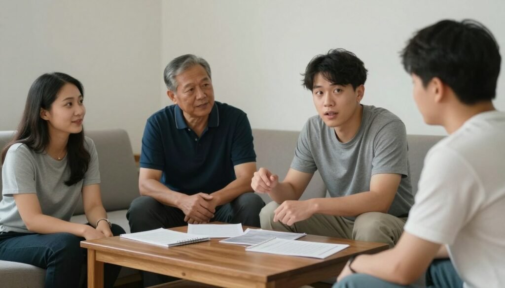 couple talking with parents about ring bearer proposal