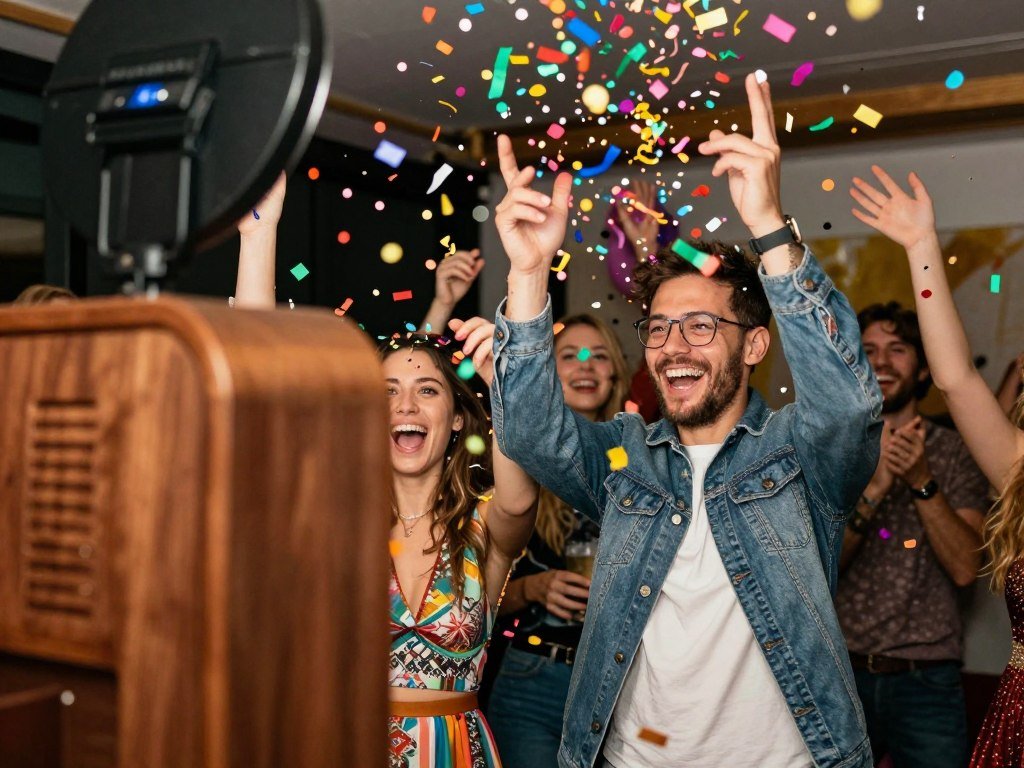 couple tossing confetti in air during celebratory photobooth moment