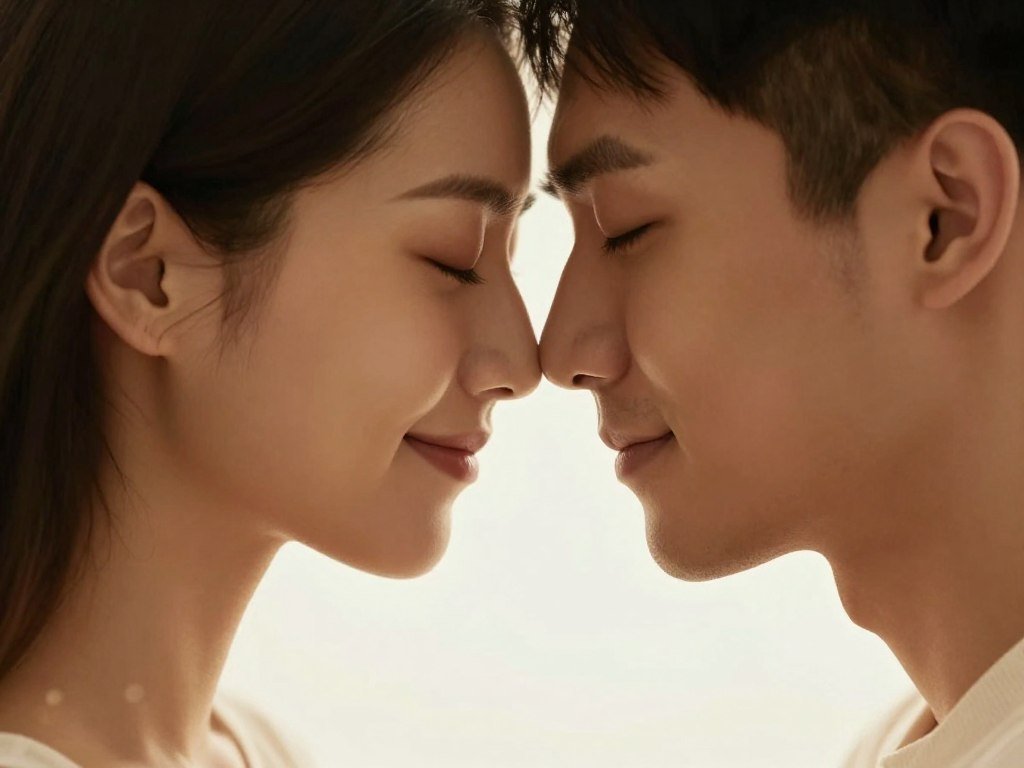 couple touching foreheads gently in photo booth with soft lighting couple touching foreheads gently in photo booth with soft lighting