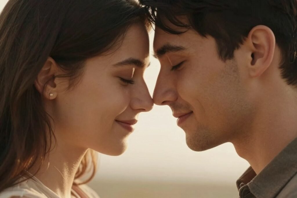 couple touching foreheads gently with eyes closed in romantic photobooth pose