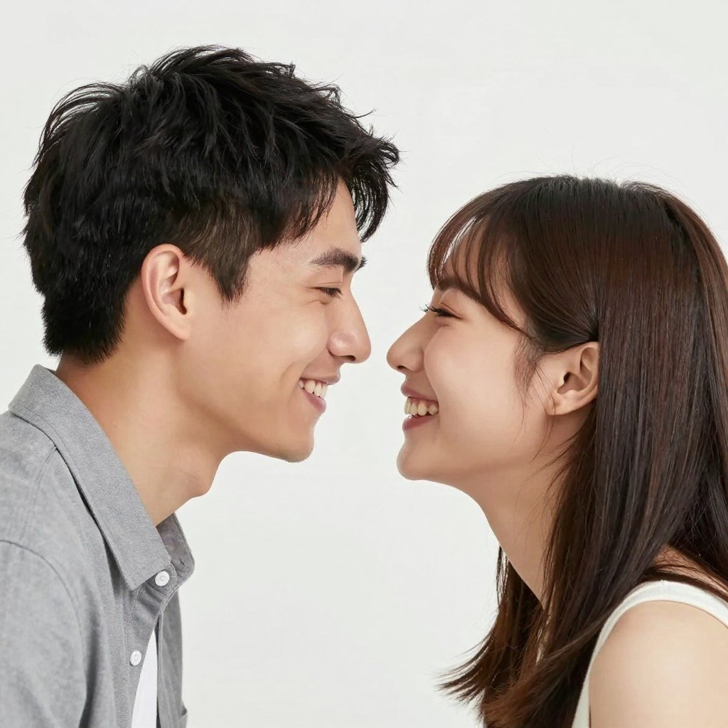 couple touching noses playfully in bright photo booth couple touching noses playfully in bright photo booth