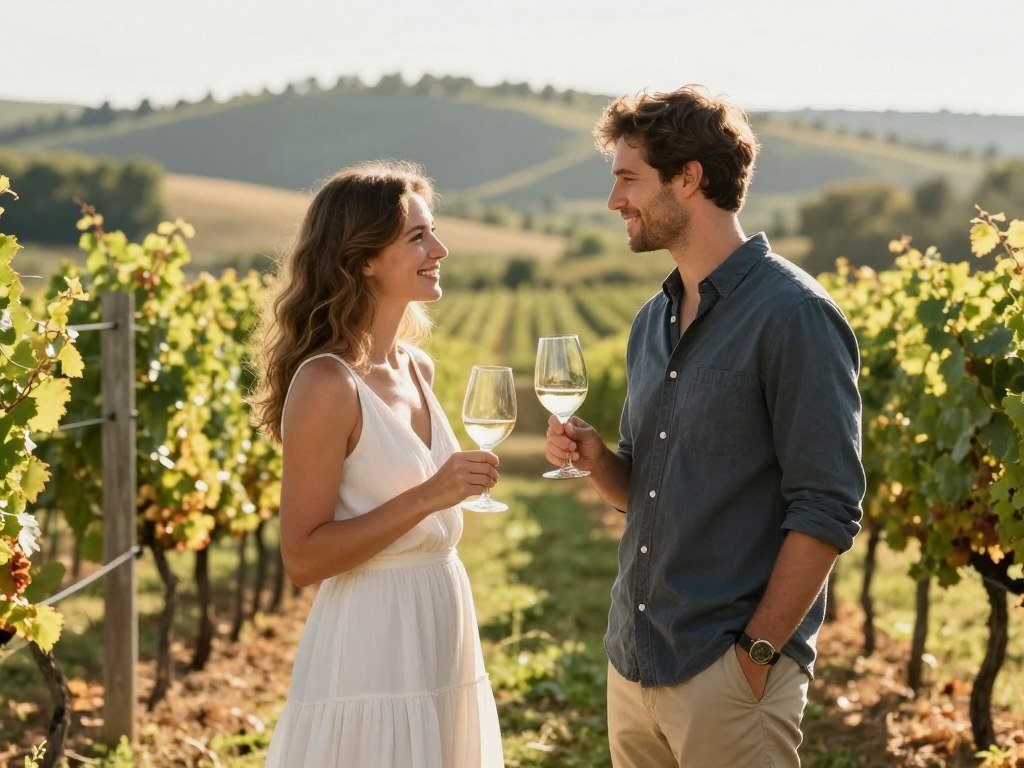 couple touring vineyard and tasting wine couple touring vineyard and tasting wine