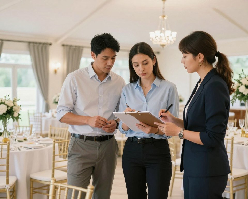 couple touring wedding venue and taking notes couple touring wedding venue and taking notes