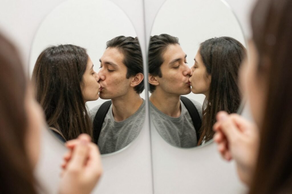 couple using mirror reflection creatively in photobooth composition