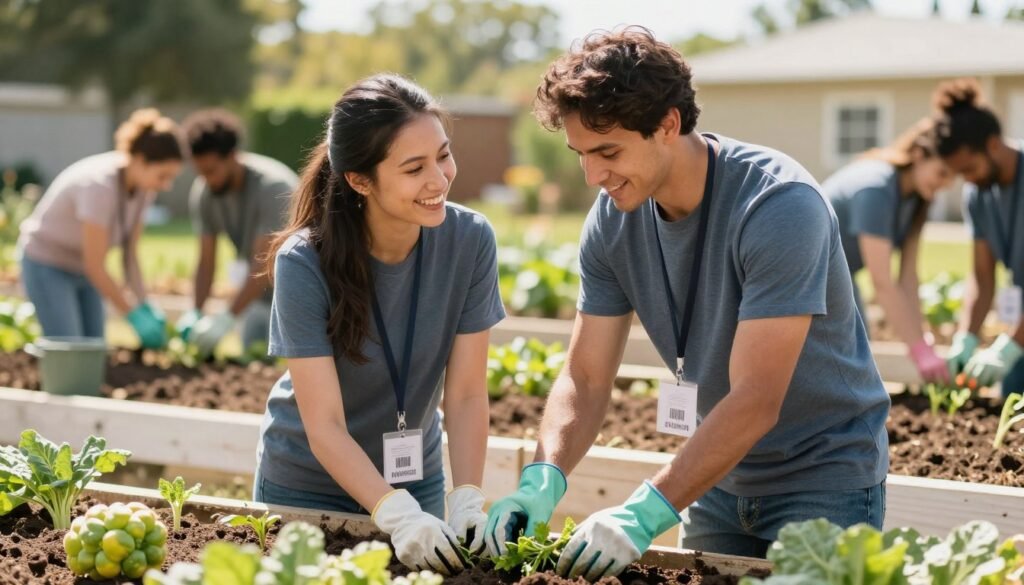 couple volunteering at community garden couple volunteering at community garden