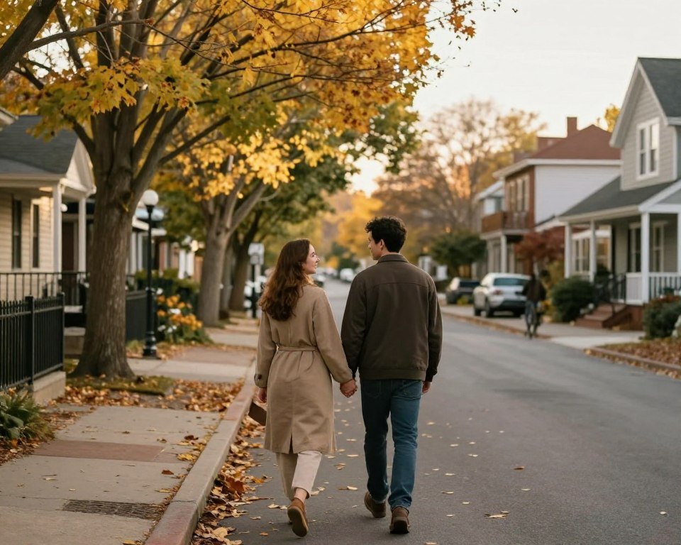 couple walking hand in hand through familiar neighborhood