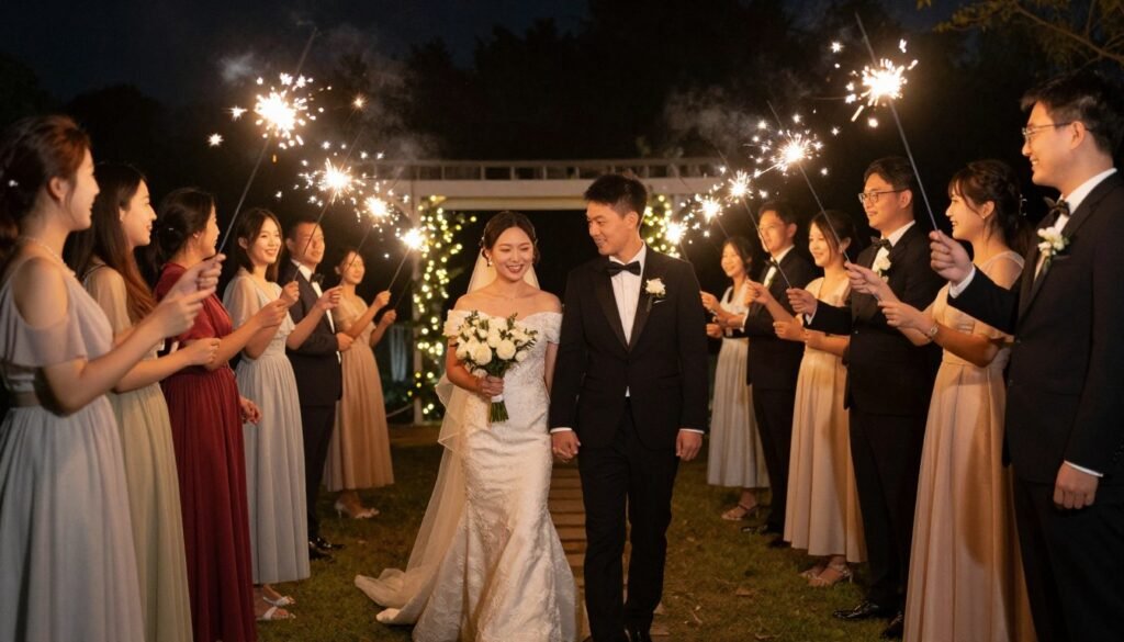 couple walking through sparkler tunnel at wedding