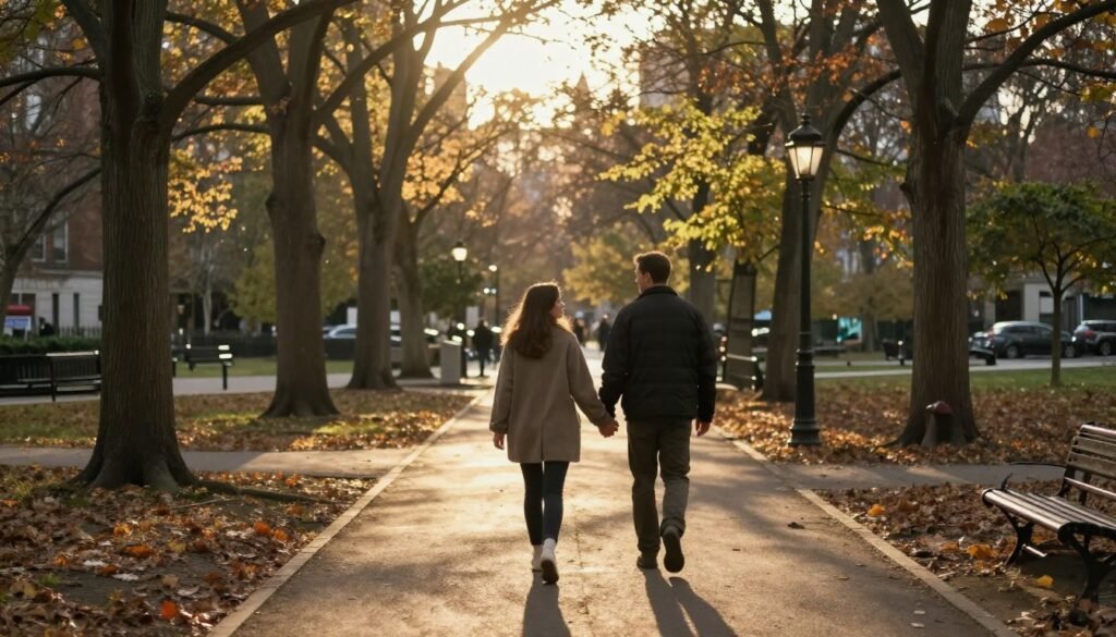 couple walking together in city park at sunset