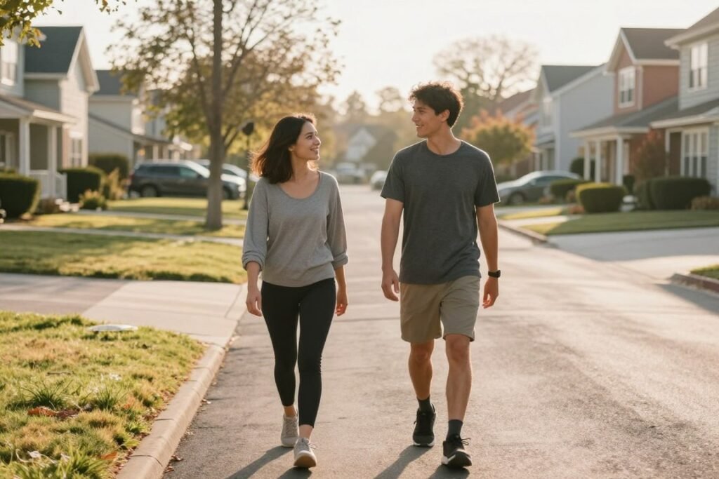 couple walking together in morning sunshine couple walking together in morning sunshine