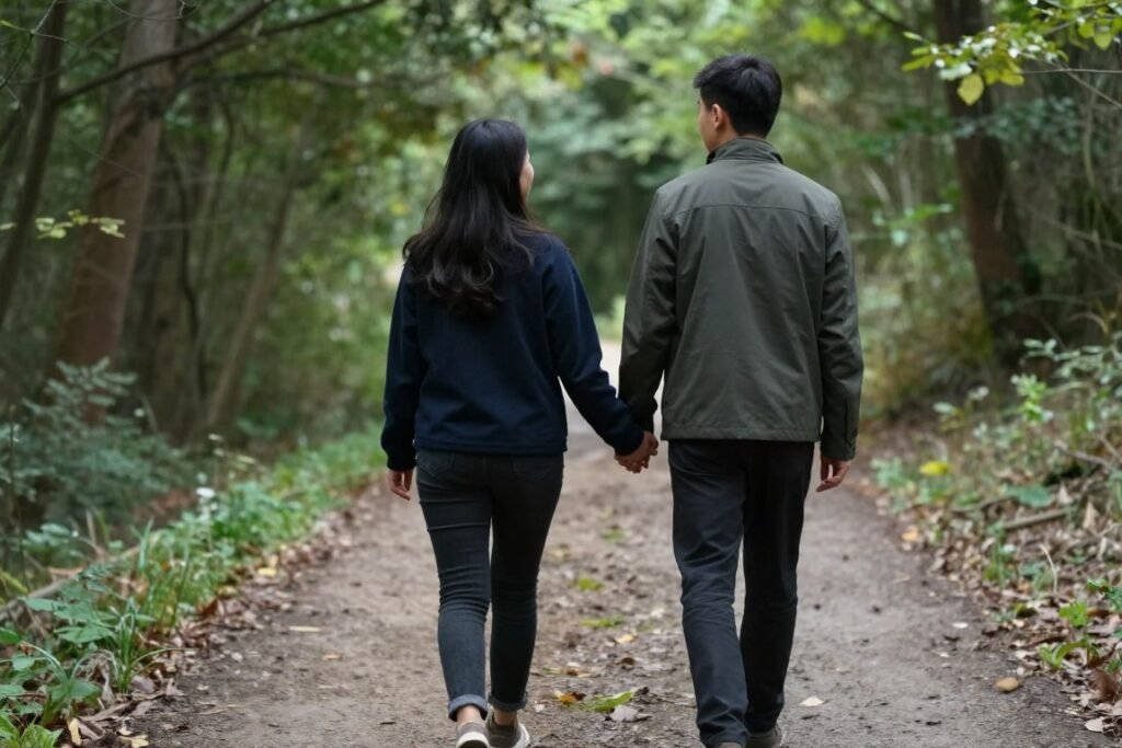 couple walking together in nature holding hands