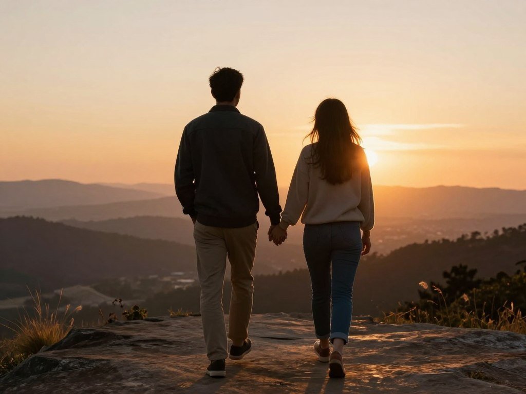 couple walking together toward proposal location at golden hour