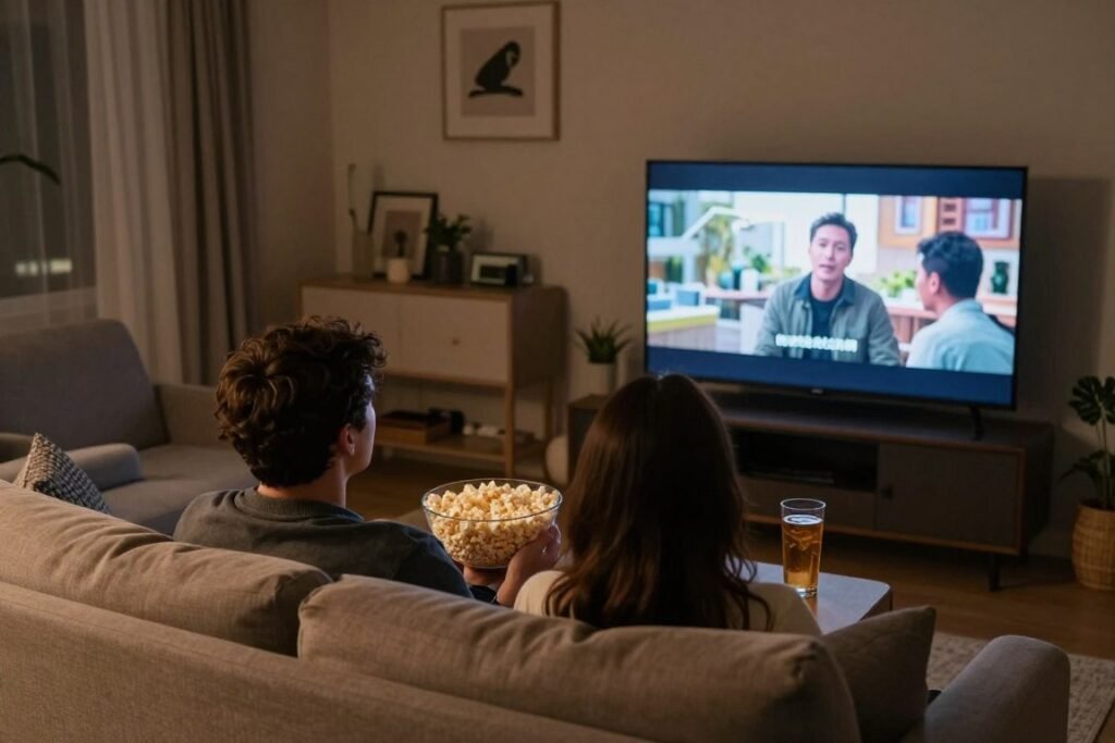 couple watching documentary together at home