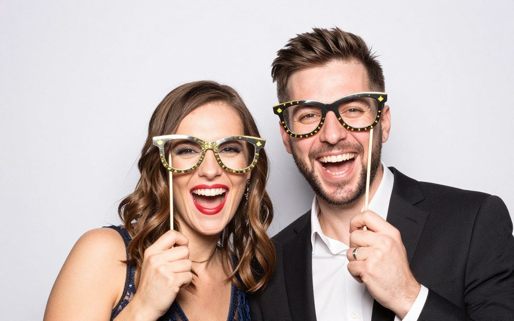couple wearing oversized funny accessories in photo booth couple wearing oversized funny accessories in photo booth