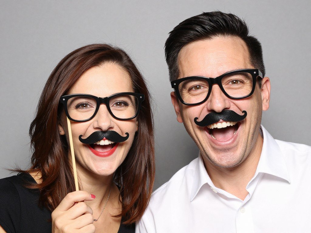 couple wearing oversized novelty glasses and fake mustaches in funny photobooth pose