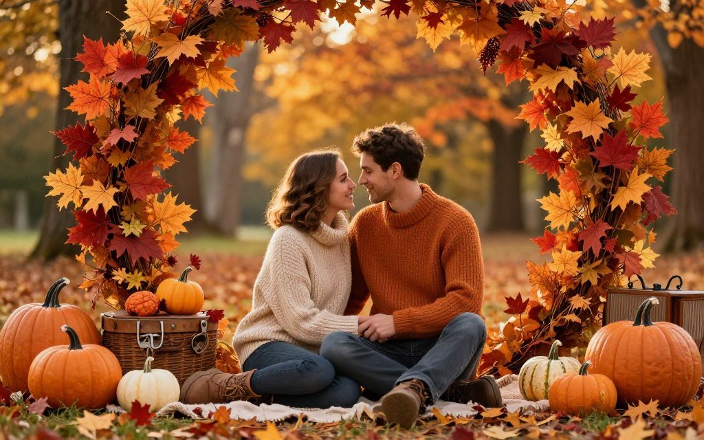 couple with autumn themed props and fall colors couple with autumn themed props and fall colors