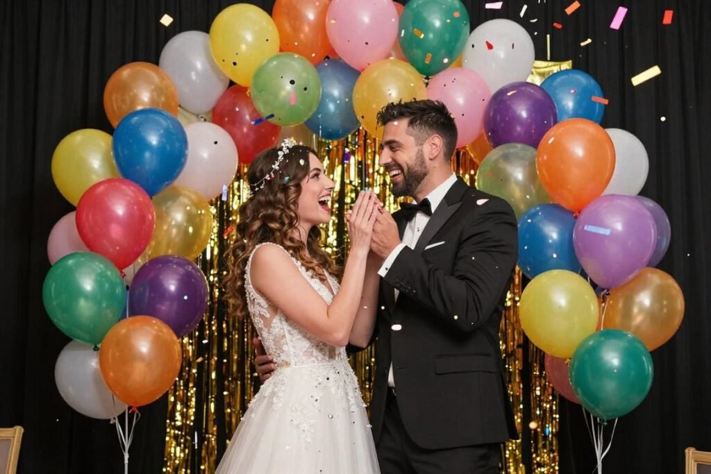 couple with colorful balloons and confetti falling couple with colorful balloons and confetti falling