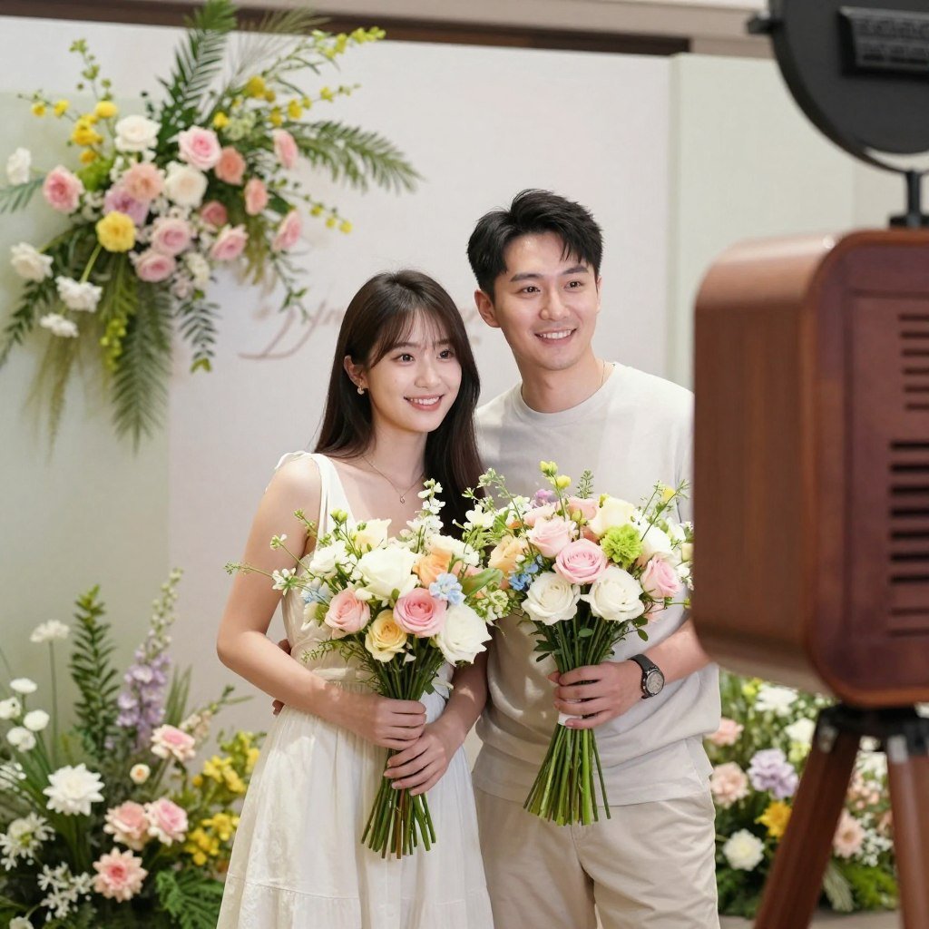 couple with fresh spring flowers in bright photo booth couple with fresh spring flowers in bright photo booth