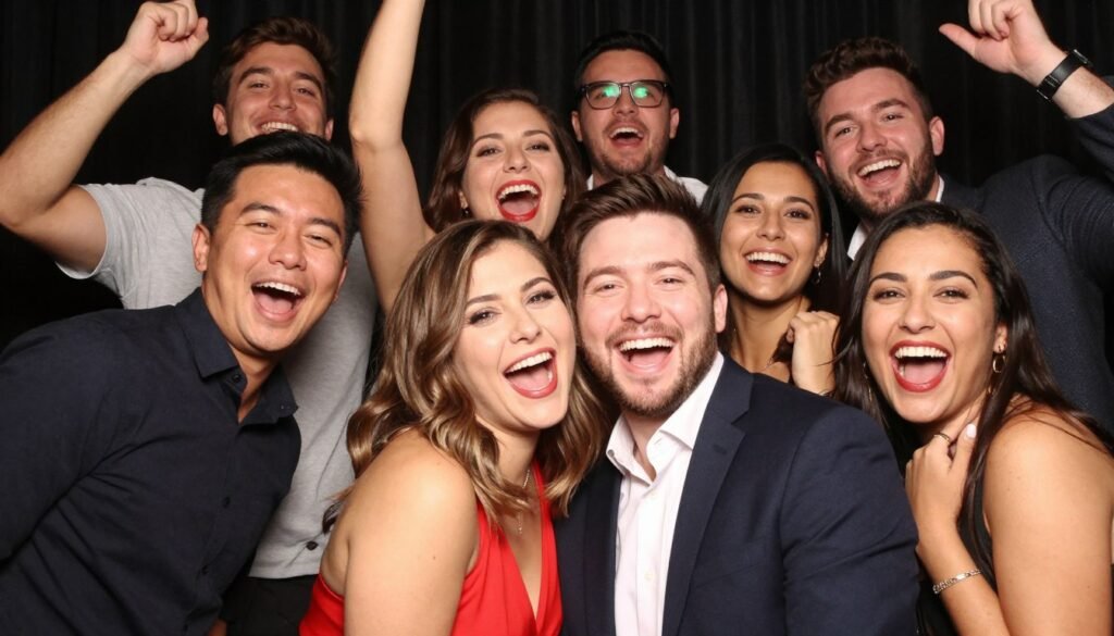 couple with friends in fun group photo booth shot couple with friends in fun group photo booth shot