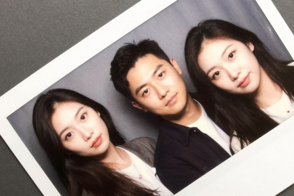 couple with heads tilted diagonally in artistic photobooth composition