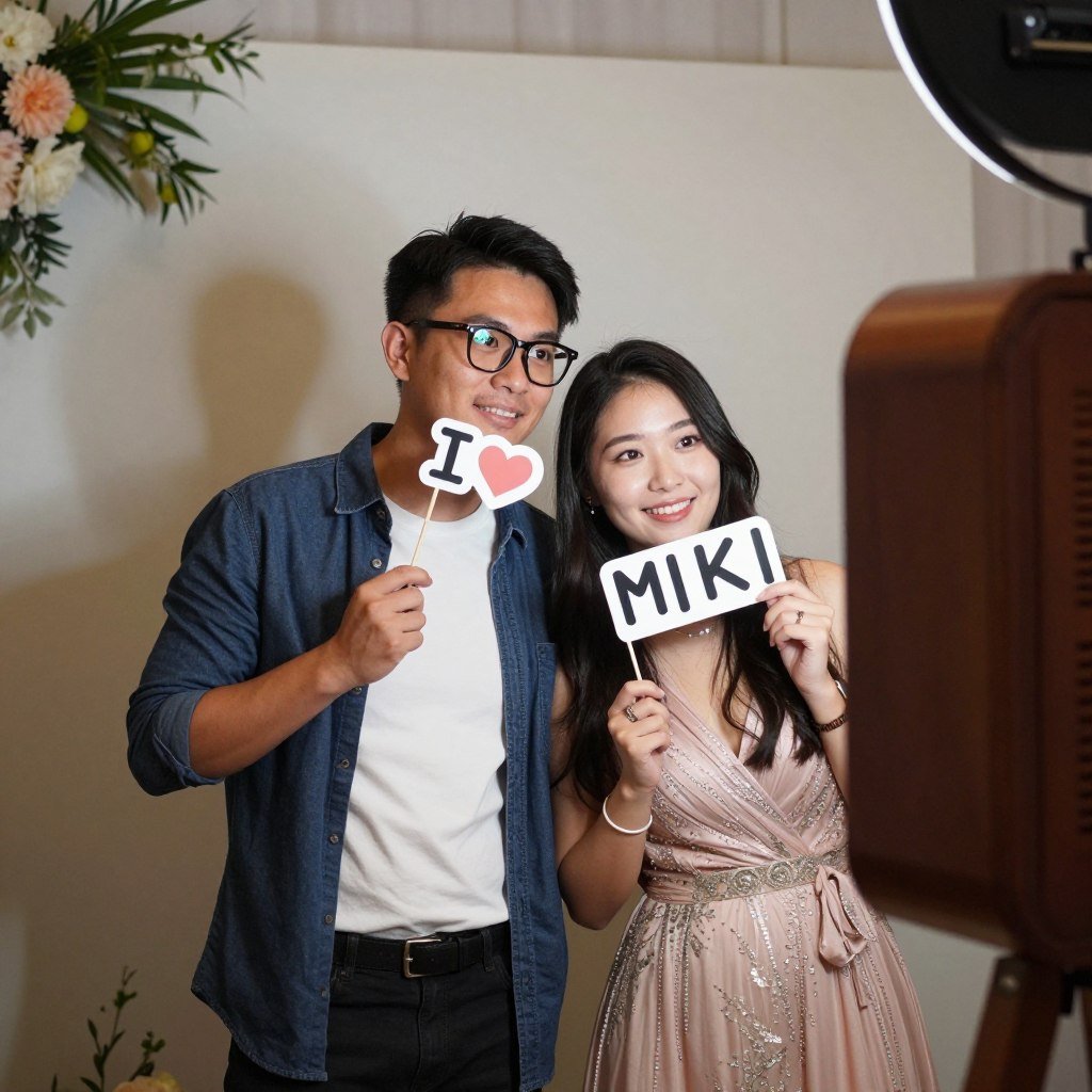 couple with personalized props they brought to booth couple with personalized props they brought to booth
