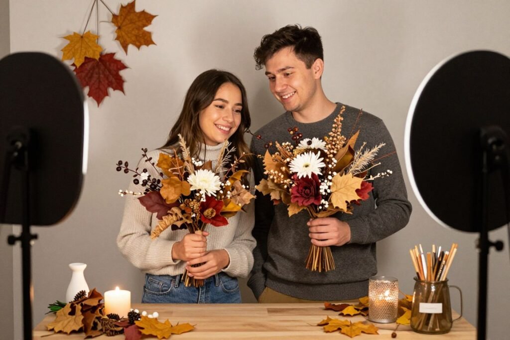 couple with seasonal props creating themed photobooth atmosphere