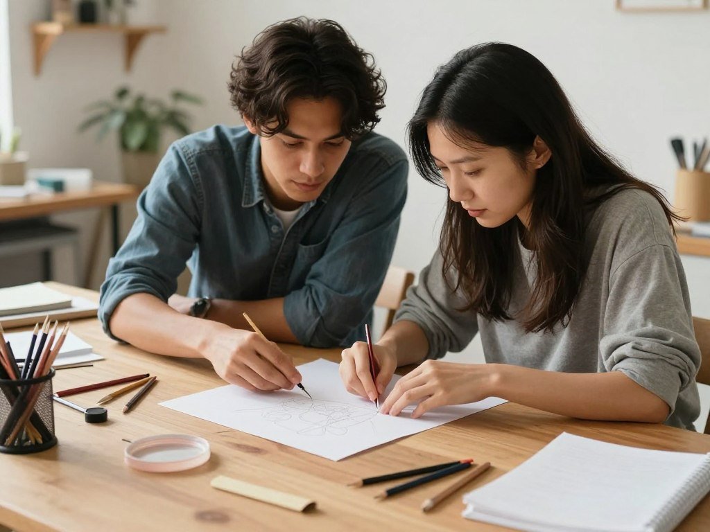 couple working on DIY craft project at table with supplies