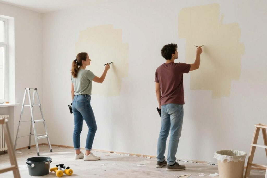 couple working on home renovation project together couple working on home renovation project together