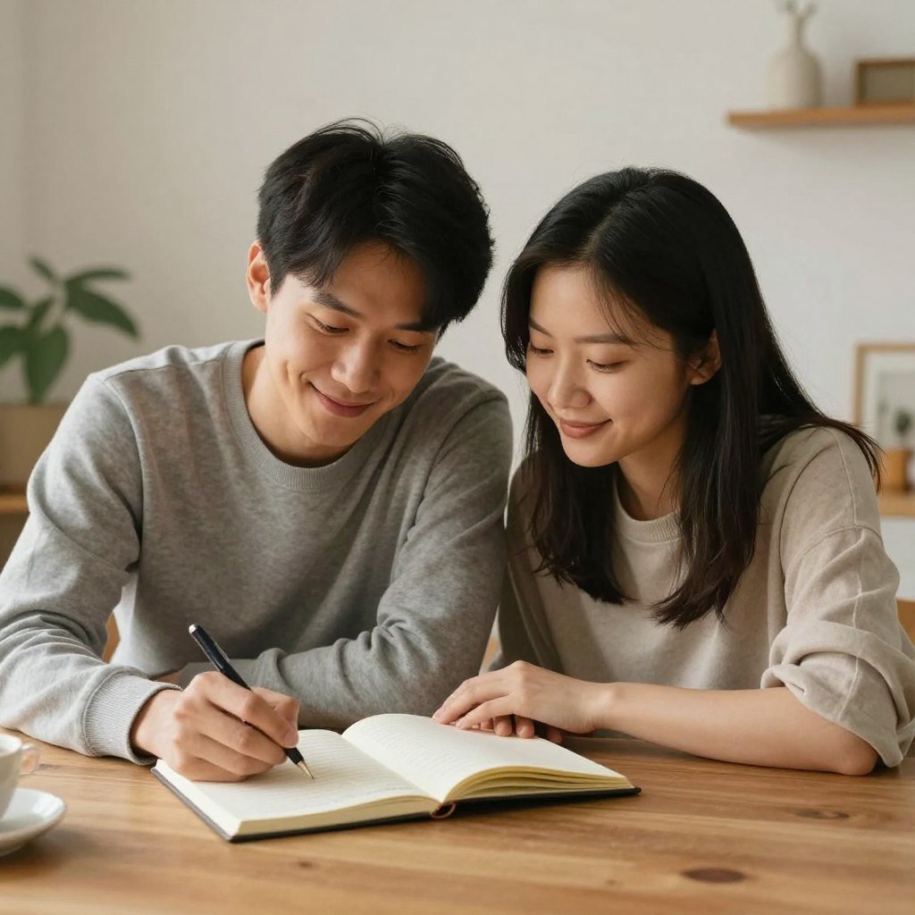 couple writing in gratitude journal together couple writing in gratitude journal together