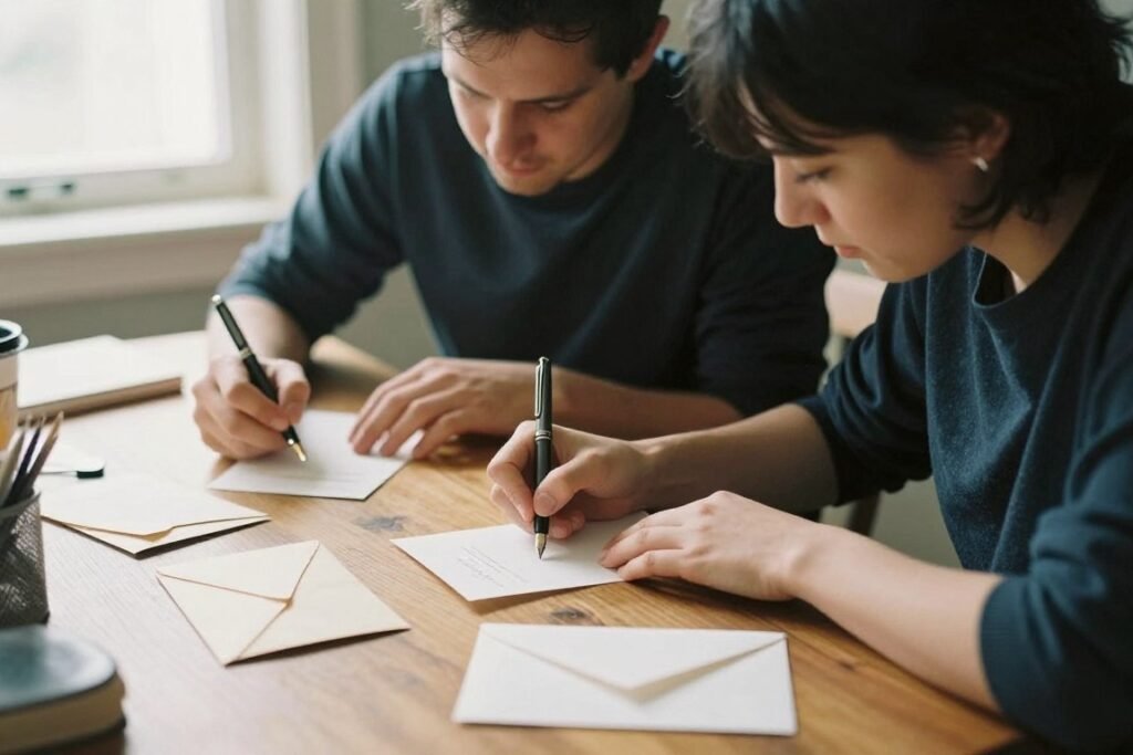 couple writing letters at desk with stationary couple writing letters at desk with stationary