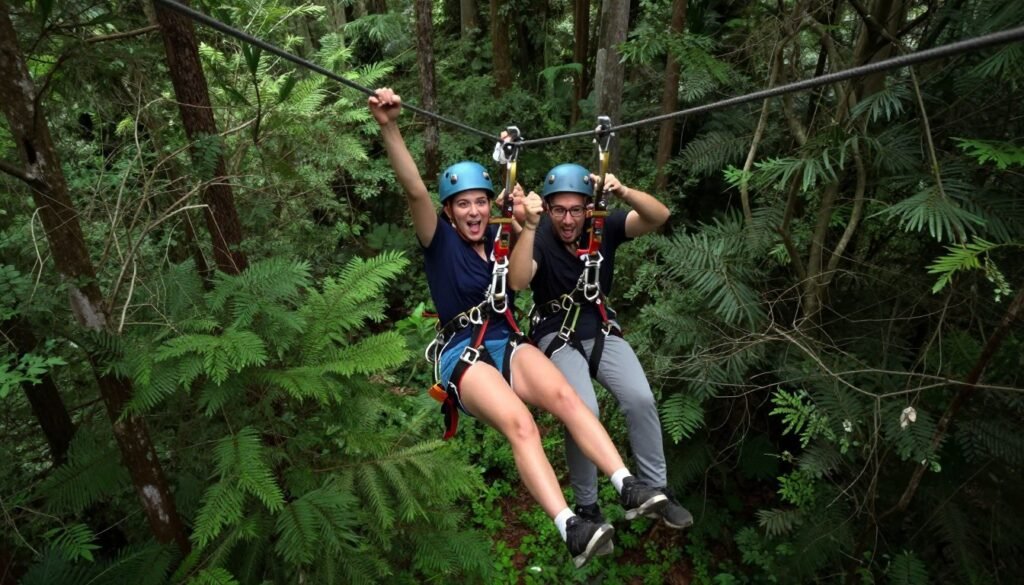 couple zip-lining through forest canopy couple zip-lining through forest canopy