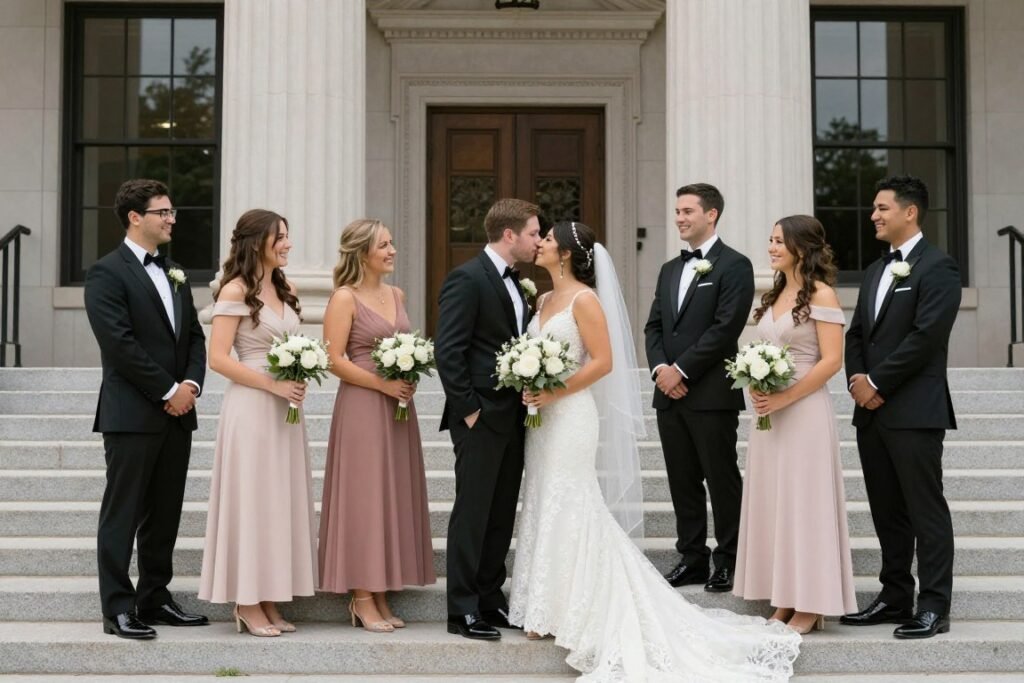 courthouse wedding bridal party photos on courthouse steps