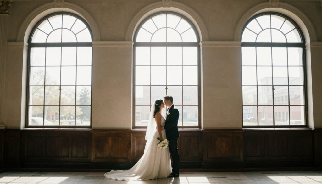 courthouse wedding photography with natural window lighting