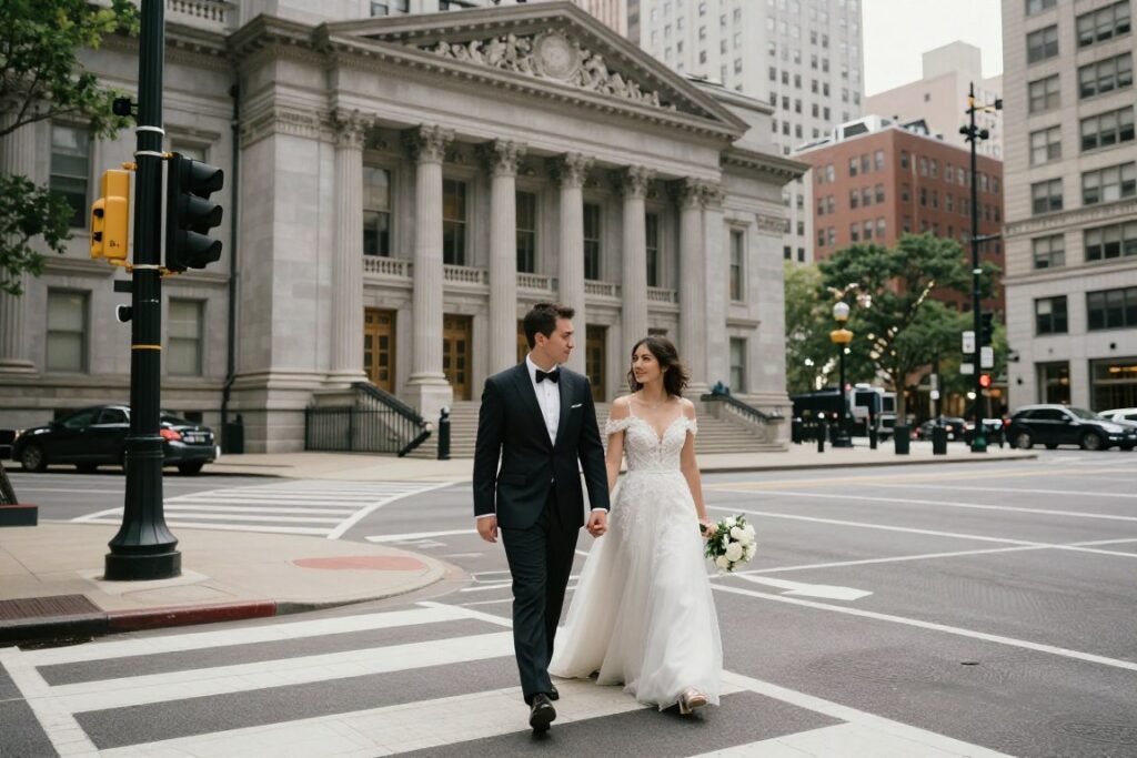 courthouse wedding photos in surrounding urban city streets