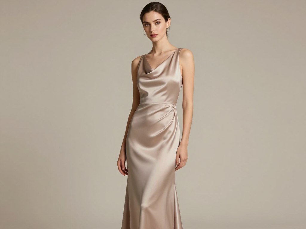cowl neck satin neutral bridesmaid dress with elegant draping