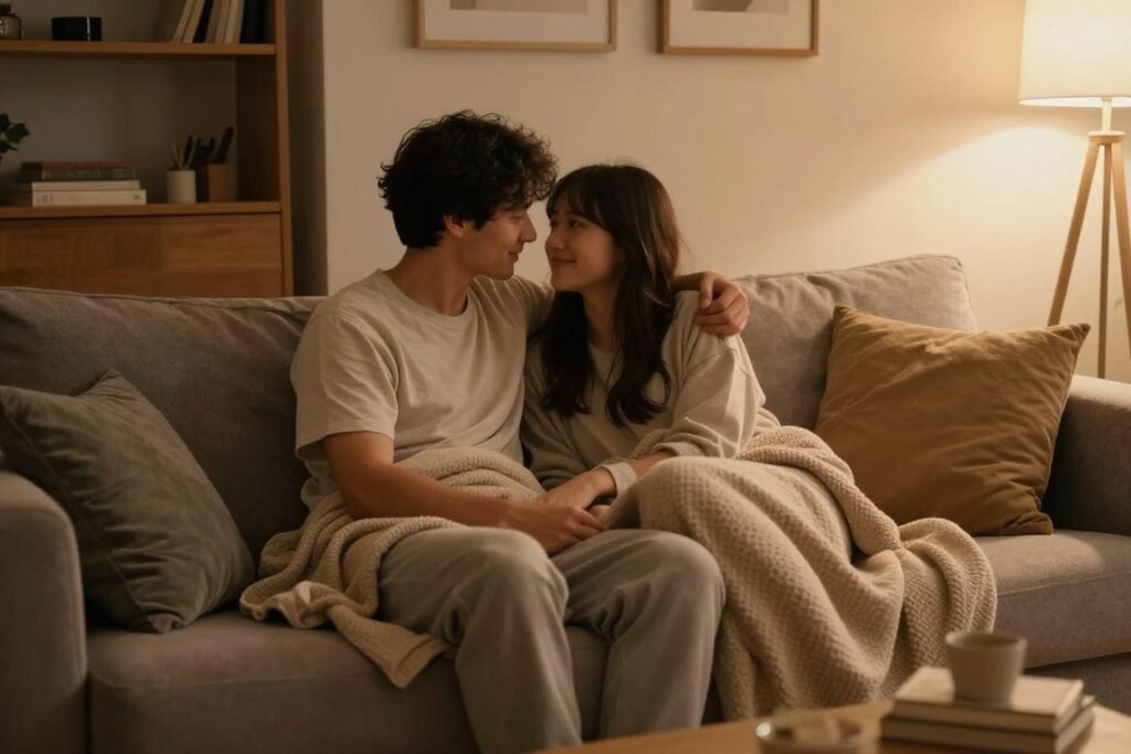 cozy at-home date night setup with blankets and comfort
