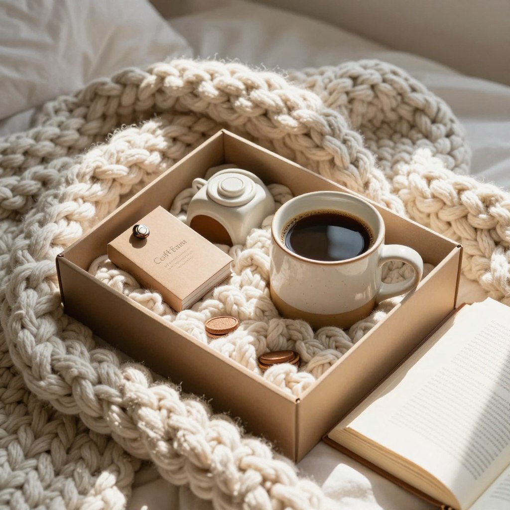 cozy coffee gift set arranged with blanket and morning relaxation items