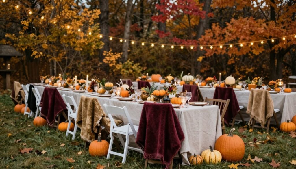 cozy fall micro wedding with autumn decorations and warm colors