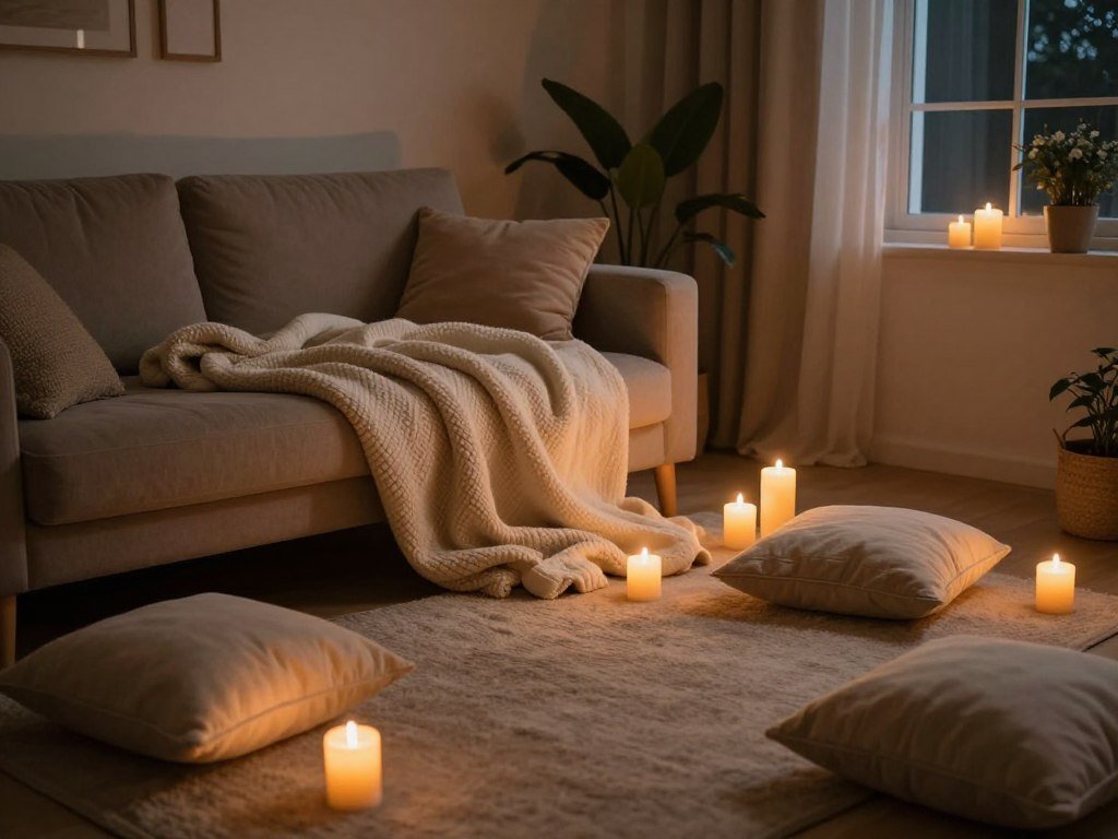 cozy home date night setup with blankets and candles cozy home date night setup with blankets and candles