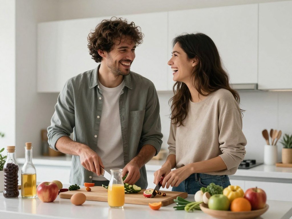 cozy home date night with couple cooking together in modern kitchen
