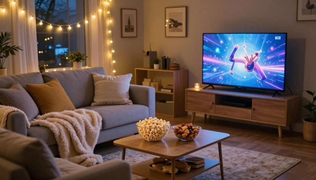 cozy home movie night proposal setup with blankets